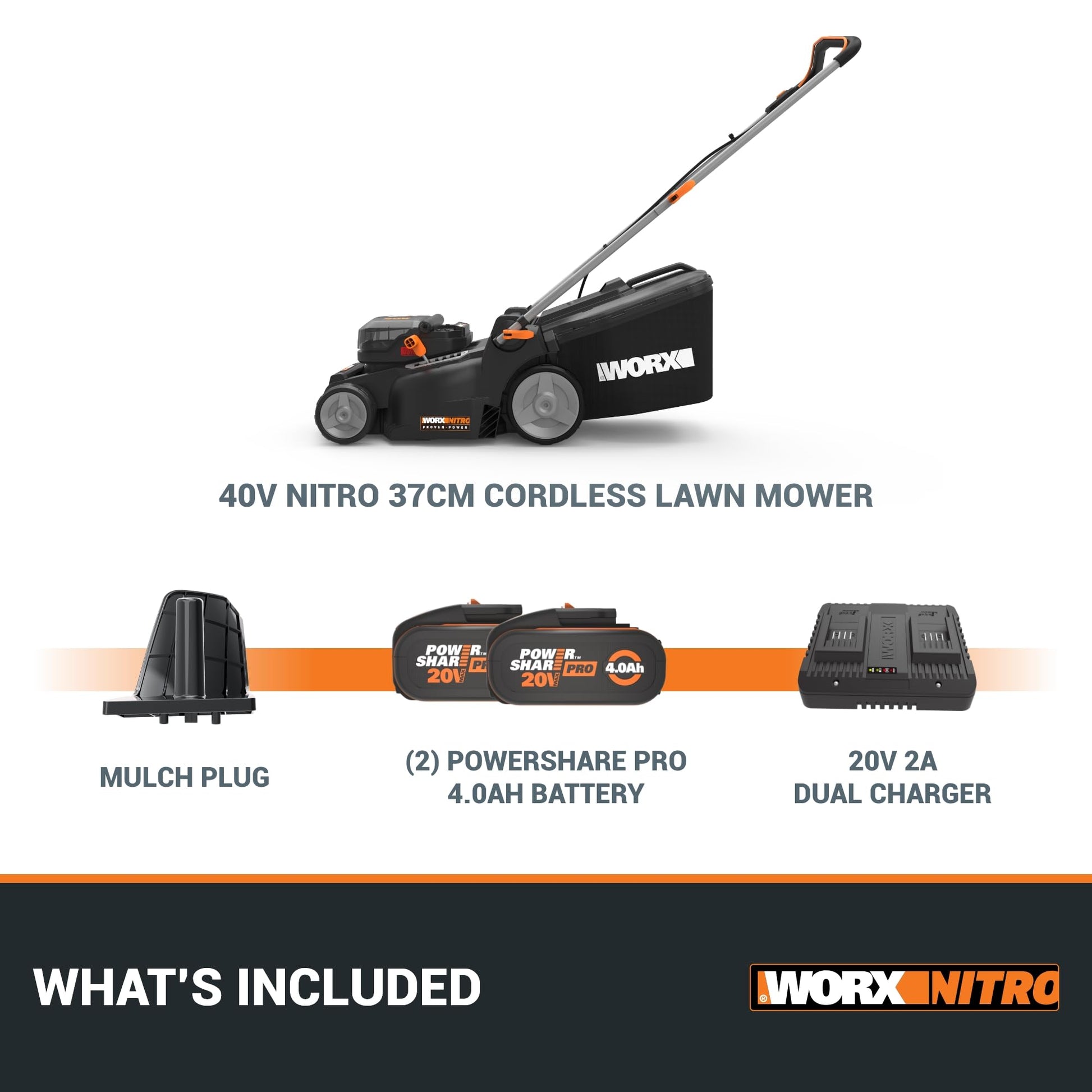 Worx WG737E 40V 37cm Cordless Lawnmower – Ideal for Medium to Large Gardens (300-550㎡)