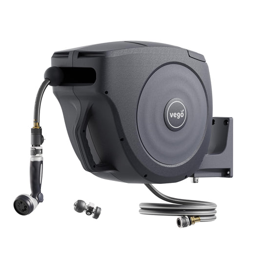 Garden Hose Reel Retractable Hi-Flow 50ft Wall Mounted Hose Reel Automatic Rewind, Any Length Lock